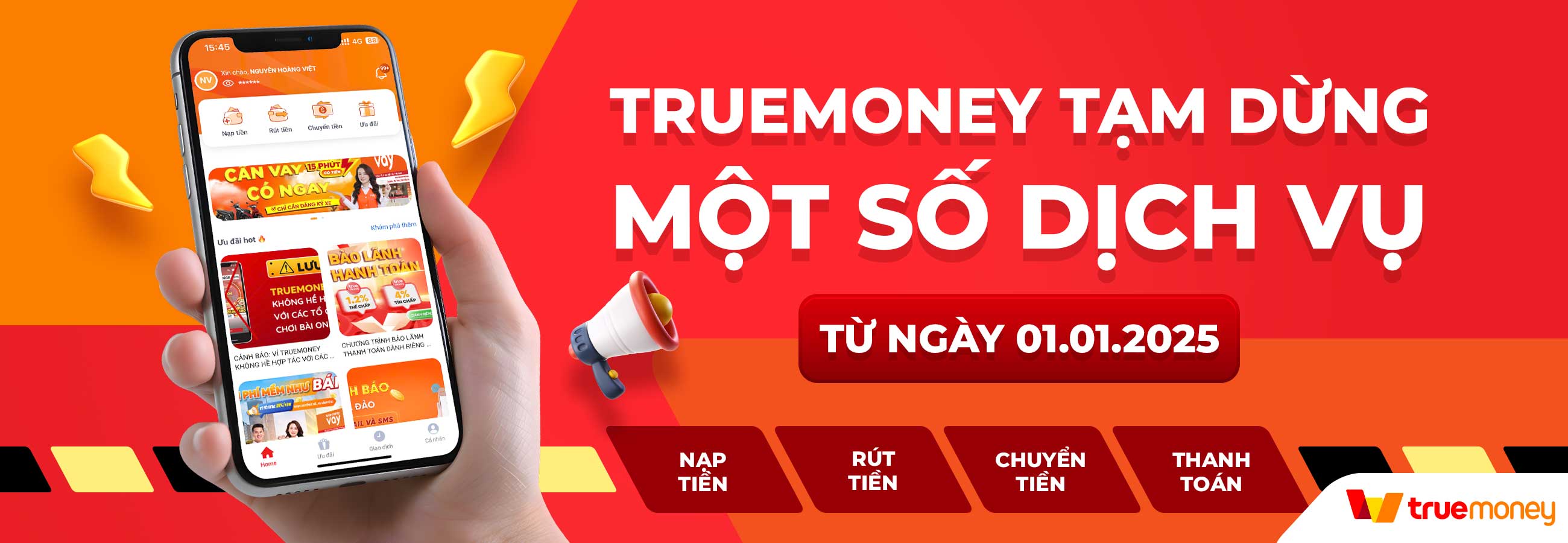 TrueMoney tạm dừng một số dịch vụ từ ngày 01/01/2025